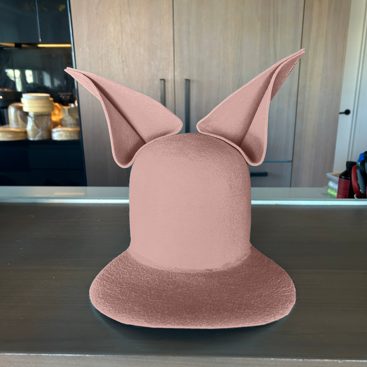 Khia Tullae The Foxy Lid hat in fawn felt with folded bunny ears, front view