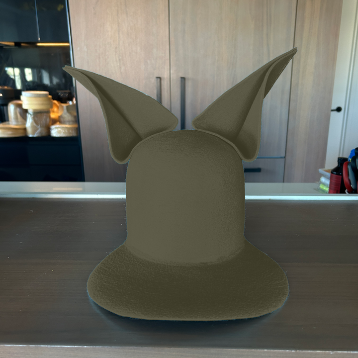 Khia Tullae The Foxy Lid hat in military felt with folded bunny ears, front view
