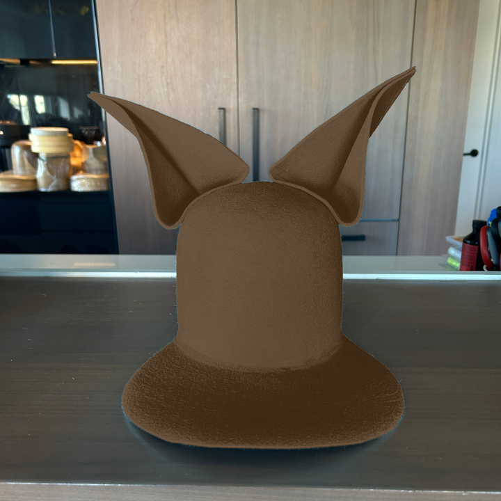 Khia Tullae The Foxy Lid hat in pecan felt with folded bunny ears, front view
