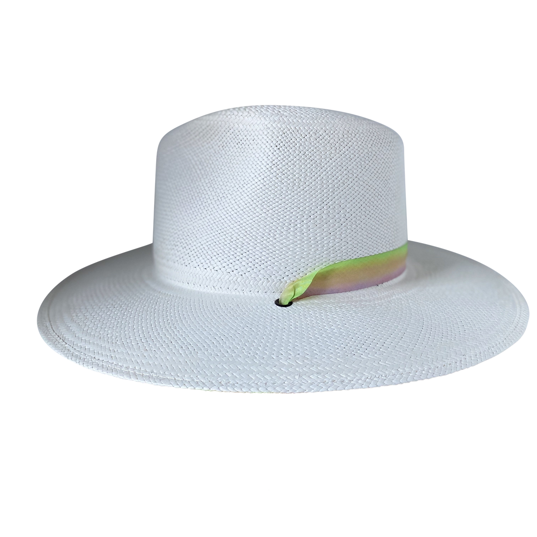 Khia Tullae The Harlow white toquilla straw wide-brim hat with a neon green and pastel pink silk ribbon half band, right-side product cutout