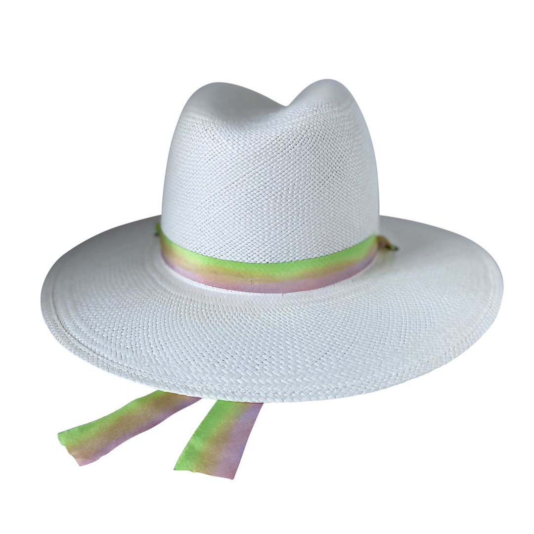 Khia Tullae The Harlow white toquilla straw wide-brim hat with neon green and pastel pink silk drop-down ribbon, back product cutout