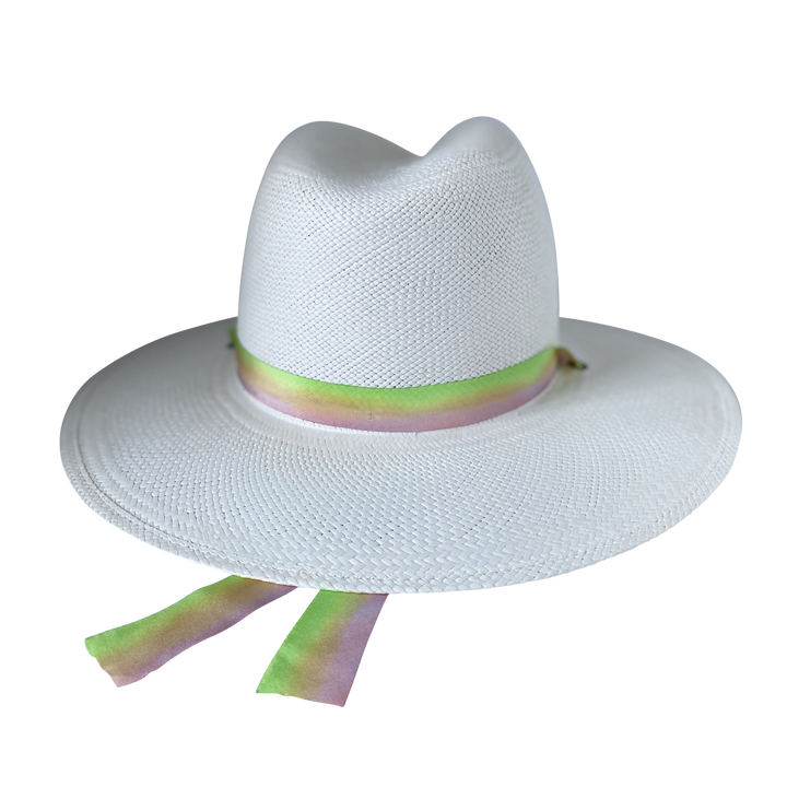 Khia Tullae The Harlow white toquilla straw wide-brim hat with neon green and pastel pink silk drop-down ribbon, back product cutout