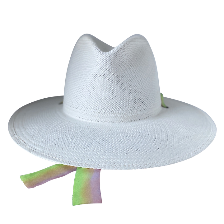 Khia Tullae The Harlow white toquilla straw wide-brim hat with neon green and pastel pink silk drop-down ribbon, front product cutout