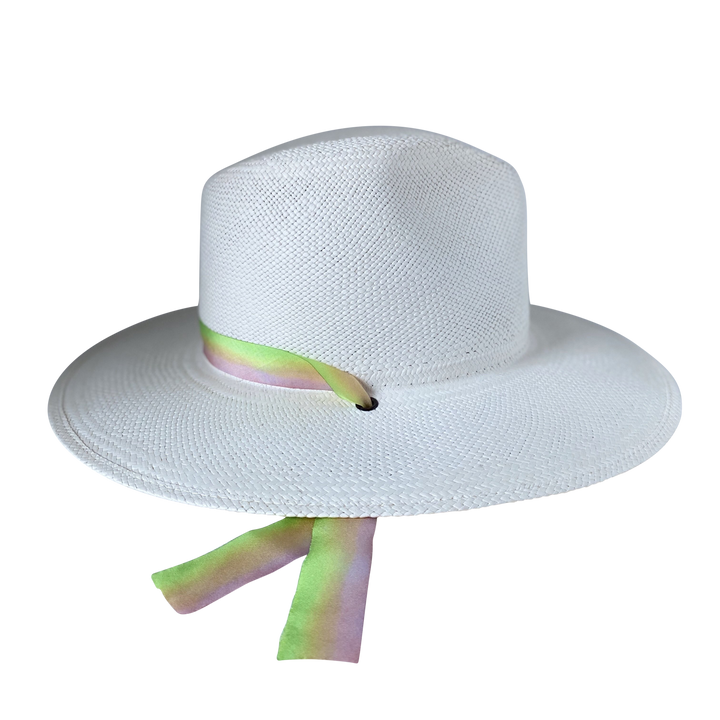 Khia Tullae The Harlow white toquilla straw wide-brim hat with neon green and pastel pink silk drop-down ribbon, left-side product cutout