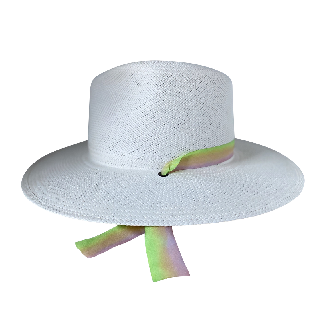 Khia Tullae The Harlow white toquilla straw wide-brim hat with neon green and pastel pink silk drop-down ribbon, right-side product cutout
