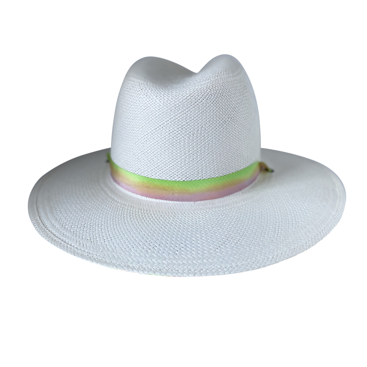Khia Tullae The Harlow white toquilla straw wide-brim hat with a neon green and pastel pink silk ribbon half band, back product cutout