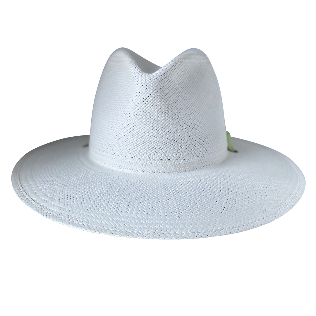 Khia Tullae The Harlow white toquilla straw wide-brim hat with a neon green and pastel pink silk ribbon half band, front product cutout