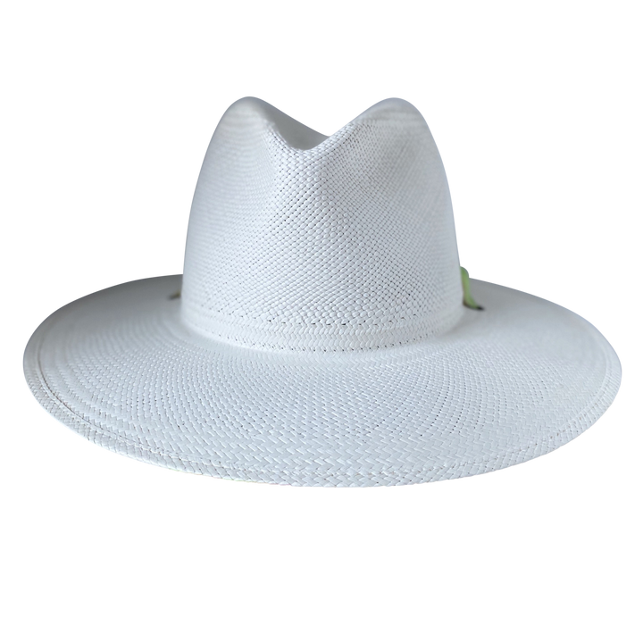 Khia Tullae The Harlow white toquilla straw wide-brim hat with a neon green and pastel pink silk ribbon half band, front product cutout
