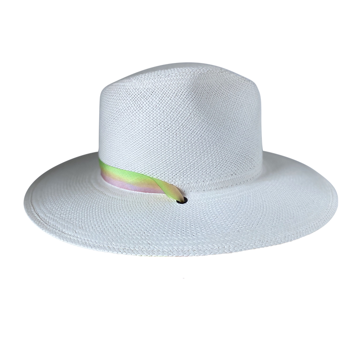 Khia Tullae The Harlow white toquilla straw wide-brim hat with a neon green and pastel pink silk ribbon half band, left-side product cutout