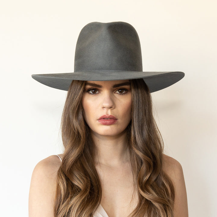Khia Tullae The Irving ash grey wool wide-brim fedora, front view on model