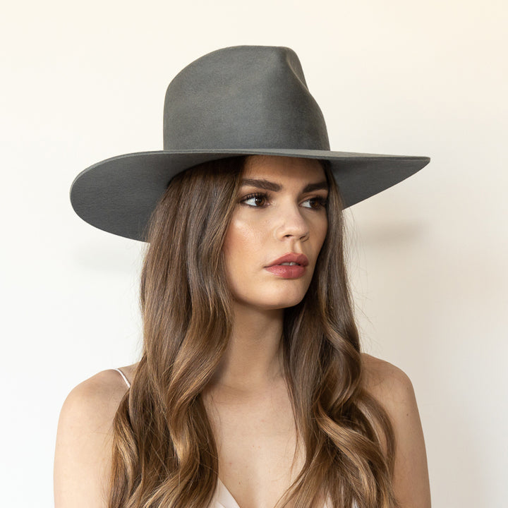 Khia Tullae The Irving ash grey wool wide-brim fedora, angled front right view on model