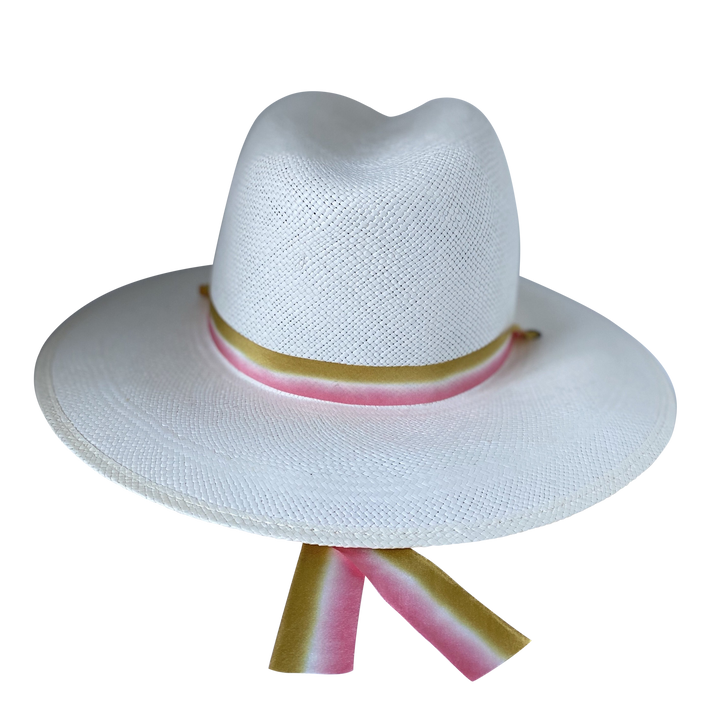 Khia Tullae The Margaux white toquilla straw wide-brim hat with golden caramel and pastel pink silk drop-down ribbon, back product cutout