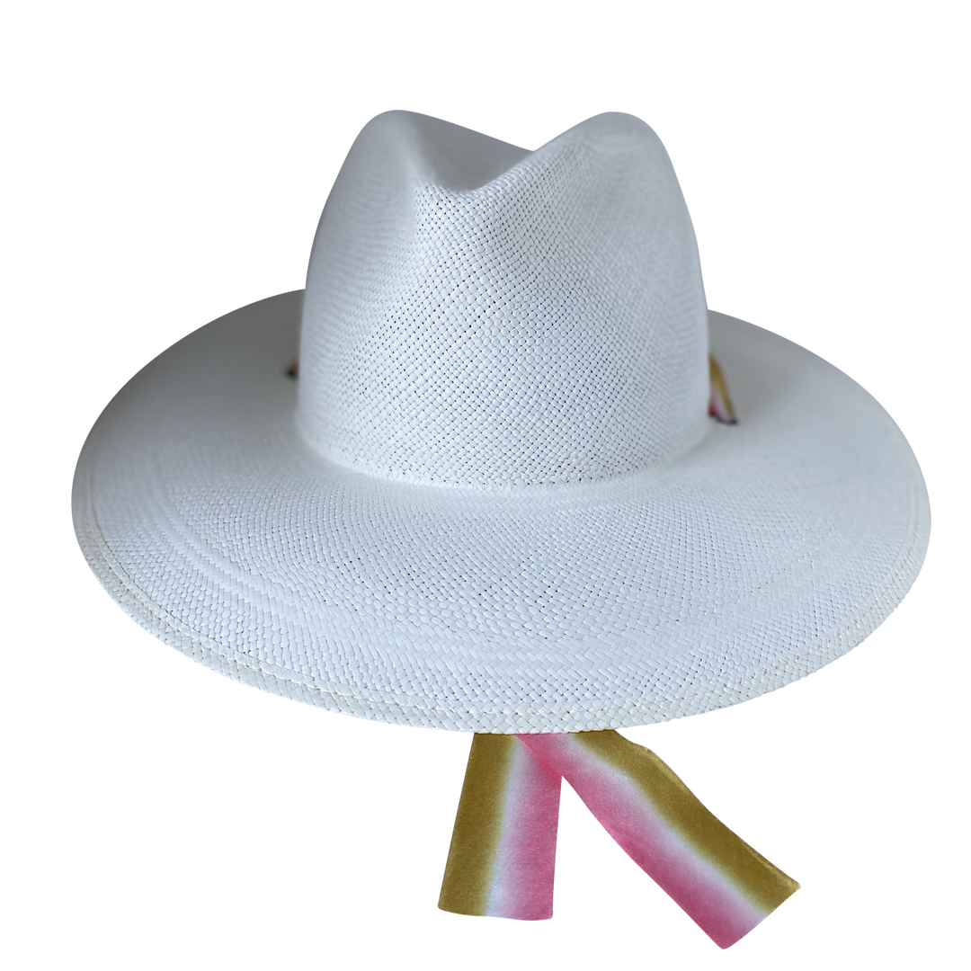 Khia Tullae The Margaux white toquilla straw wide-brim hat with golden caramel and pastel pink silk drop-down ribbon, front product cutout