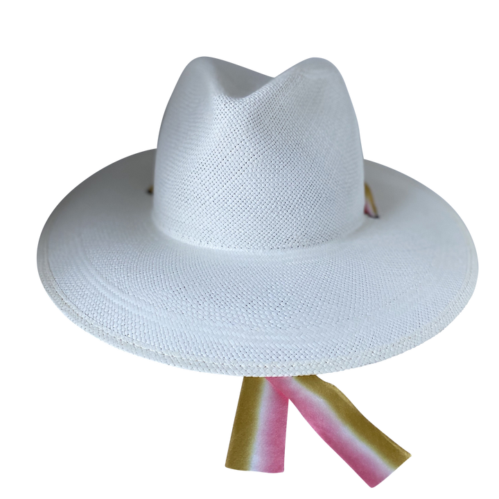 Khia Tullae The Margaux white toquilla straw wide-brim hat with golden caramel and pastel pink silk drop-down ribbon, front product cutout