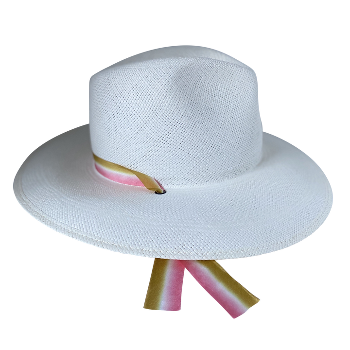 Khia Tullae The Margaux white toquilla straw wide-brim hat with golden caramel and pastel pink silk drop-down ribbon, left-side product cutout