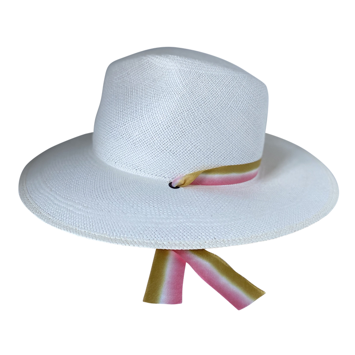 Khia Tullae The Margaux white toquilla straw wide-brim hat with golden caramel and pastel pink silk drop-down ribbon, right-side product cutout