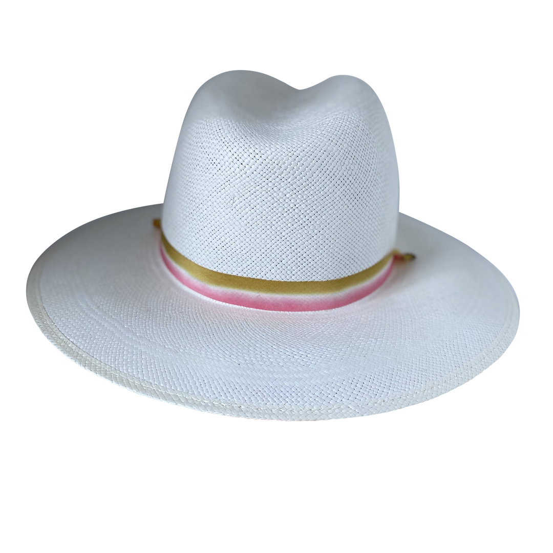 Khia Tullae The Margaux white toquilla straw wide-brim hat with a golden caramel and pastel pink silk ribbon half band, back product cutout