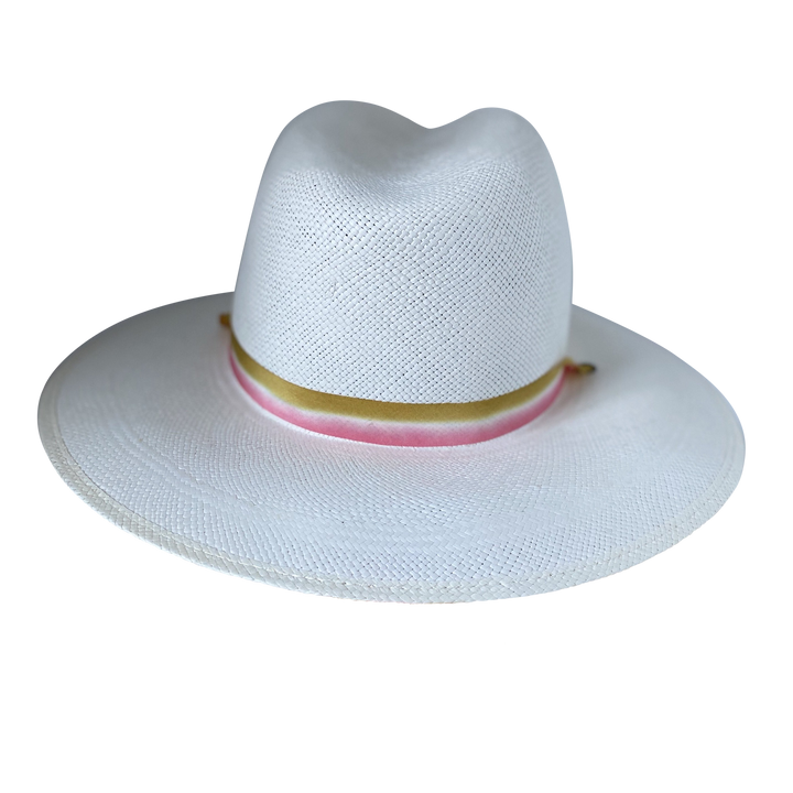 Khia Tullae The Margaux white toquilla straw wide-brim hat with a golden caramel and pastel pink silk ribbon half band, back product cutout