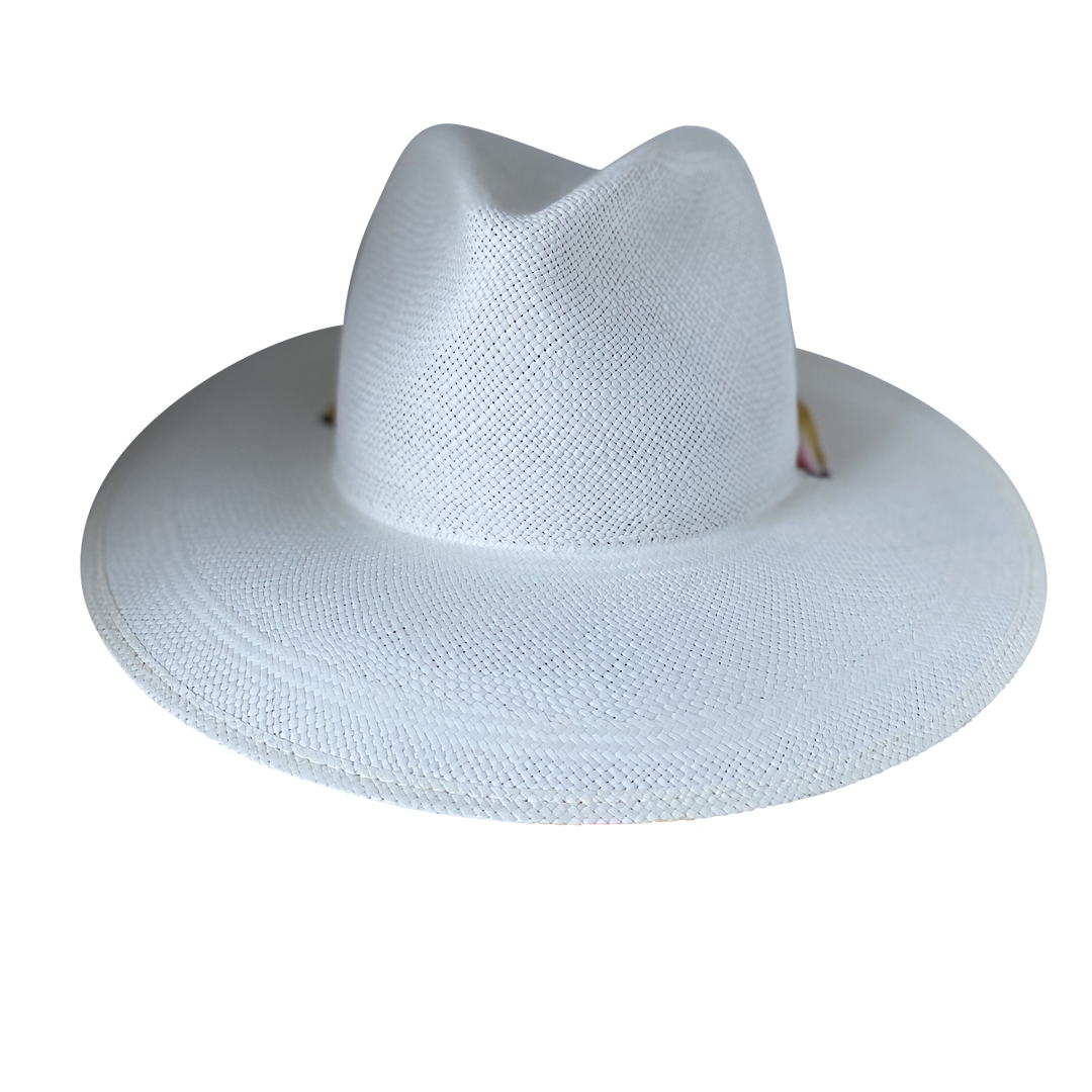 Khia Tullae The Margaux white toquilla straw wide-brim hat with a golden caramel and pastel pink silk ribbon half band, front product cutout