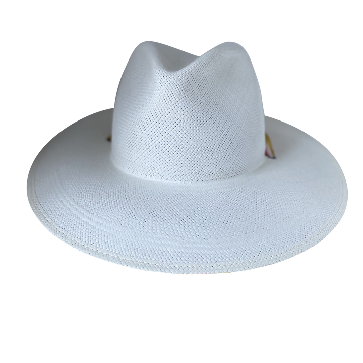 Khia Tullae The Margaux white toquilla straw wide-brim hat with a golden caramel and pastel pink silk ribbon half band, front product cutout