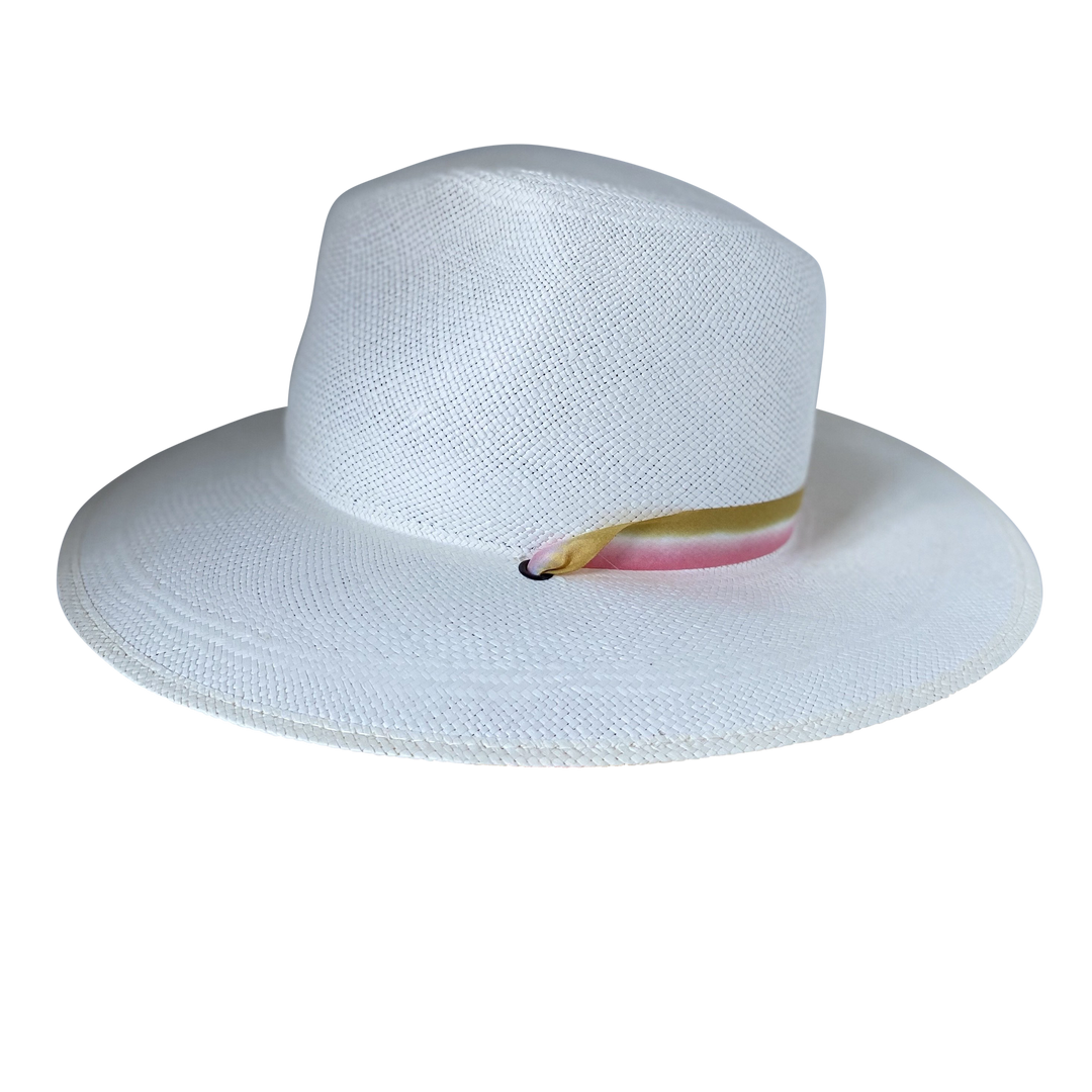 Khia Tullae The Margaux white toquilla straw wide-brim hat with a golden caramel and pastel pink silk ribbon half band, right-side product cutout