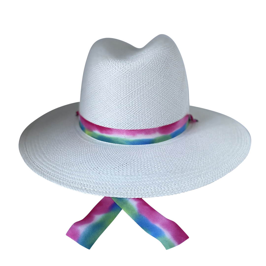 Khia Tullae The Maya white toquilla straw wide-brim hat with magenta, blue and green silk drop-down ribbon, backproduct cutout