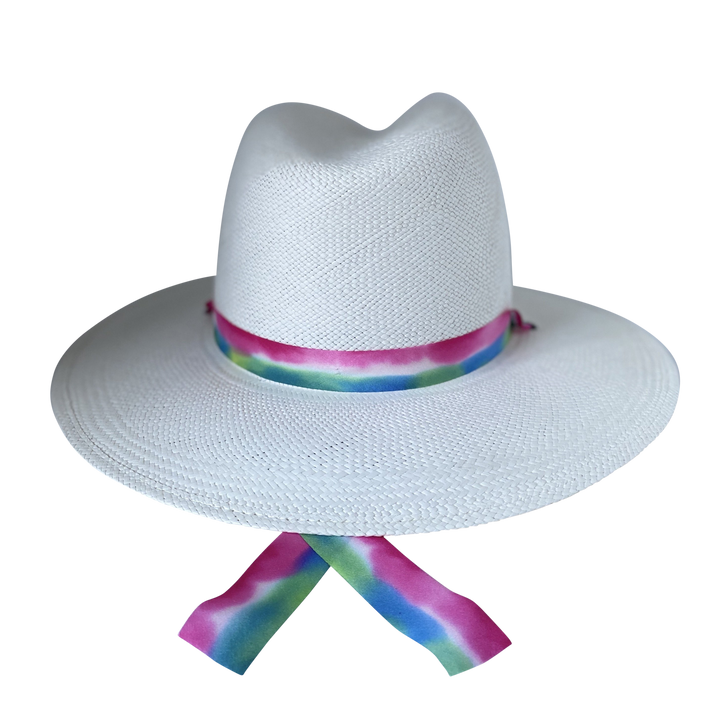 Khia Tullae The Maya white toquilla straw wide-brim hat with magenta, blue and green silk drop-down ribbon, backproduct cutout
