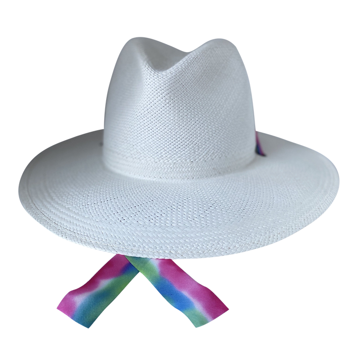 Khia Tullae The Maya white toquilla straw wide-brim hat with magenta, blue and green silk drop-down ribbon, front product cutout