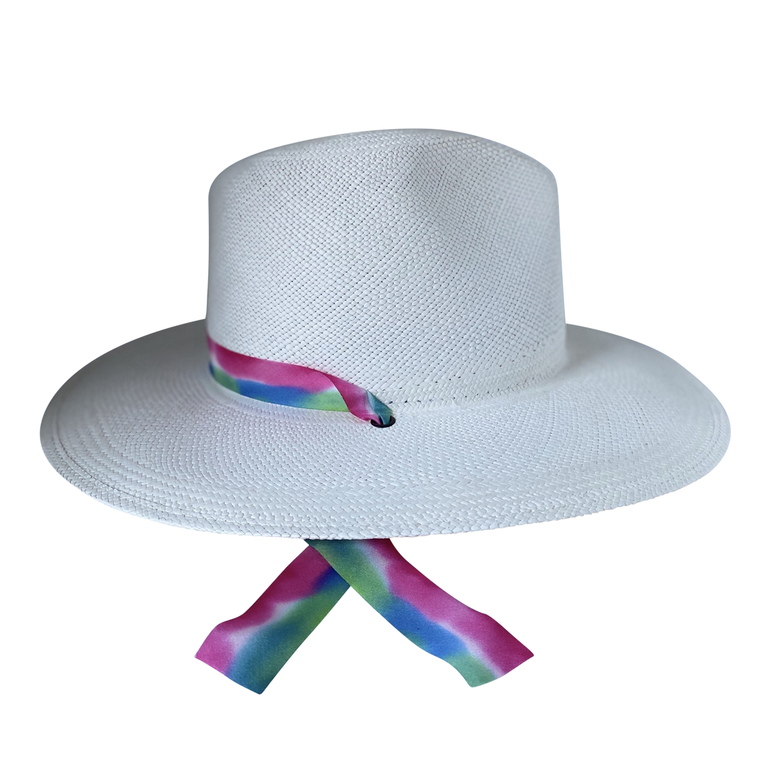 Khia Tullae The Maya white toquilla straw wide-brim hat with magenta, blue and green silk drop-down ribbon, left-side product cutout