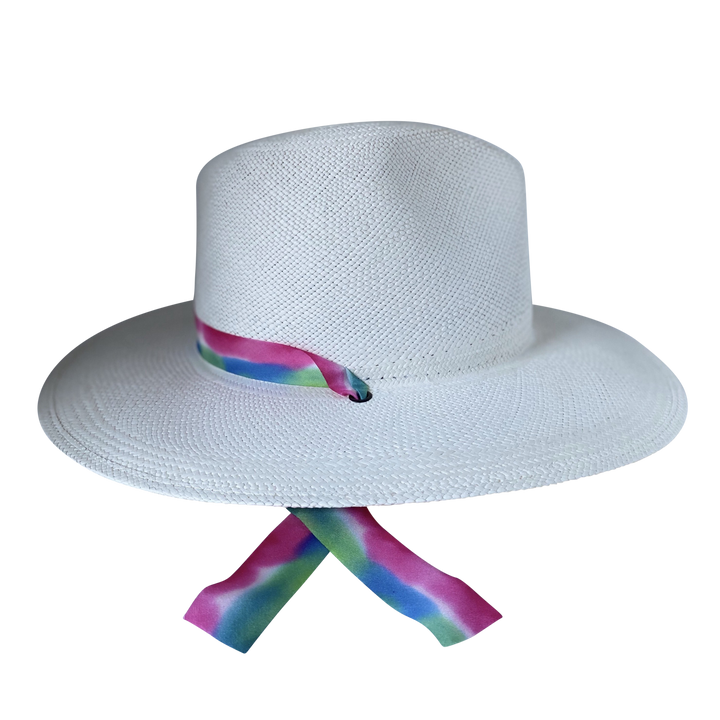 Khia Tullae The Maya white toquilla straw wide-brim hat with magenta, blue and green silk drop-down ribbon, left-side product cutout