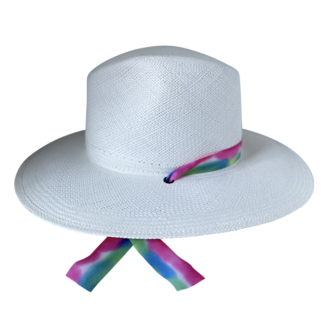 Khia Tullae The Maya white toquilla straw wide-brim hat with magenta, blue and green silk drop-down ribbon, right-side product cutout