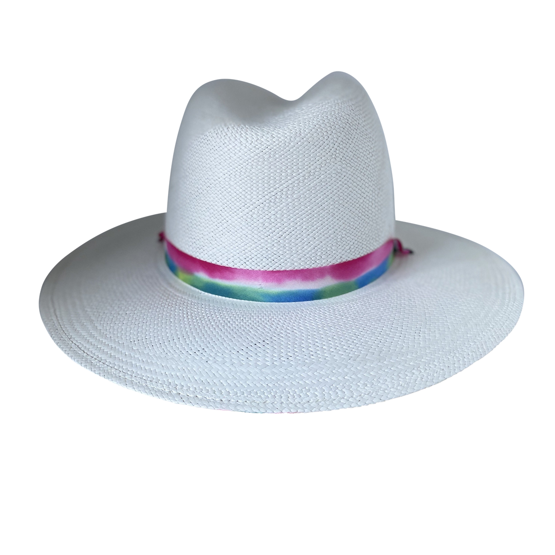 Khia Tullae The The Maya white toquilla straw wide-brim hat with magenta, blue and green silk ribbon half band, back product cutout