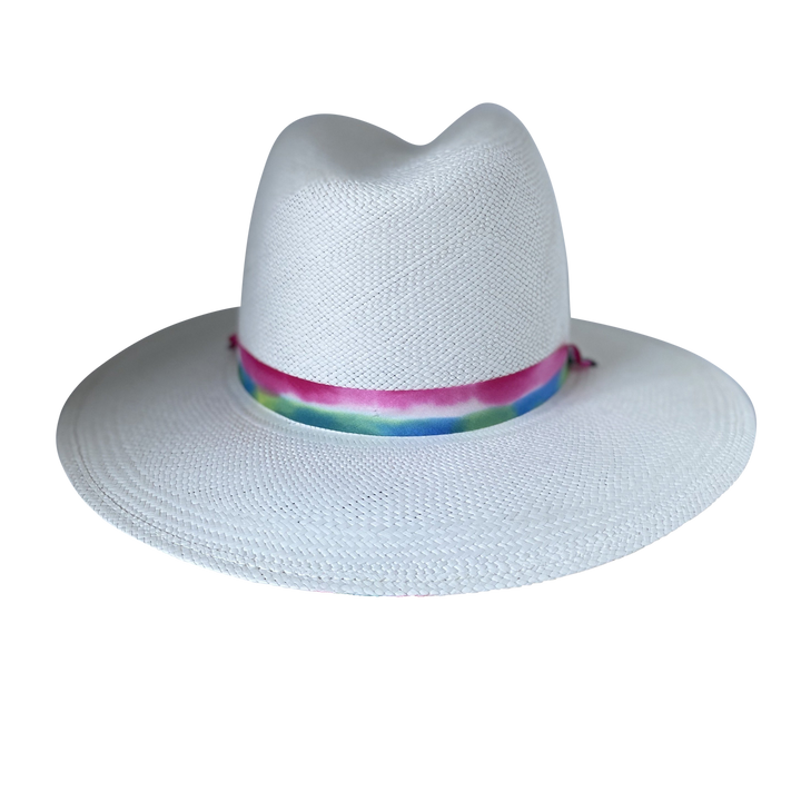 Khia Tullae The The Maya white toquilla straw wide-brim hat with magenta, blue and green silk ribbon half band, back product cutout