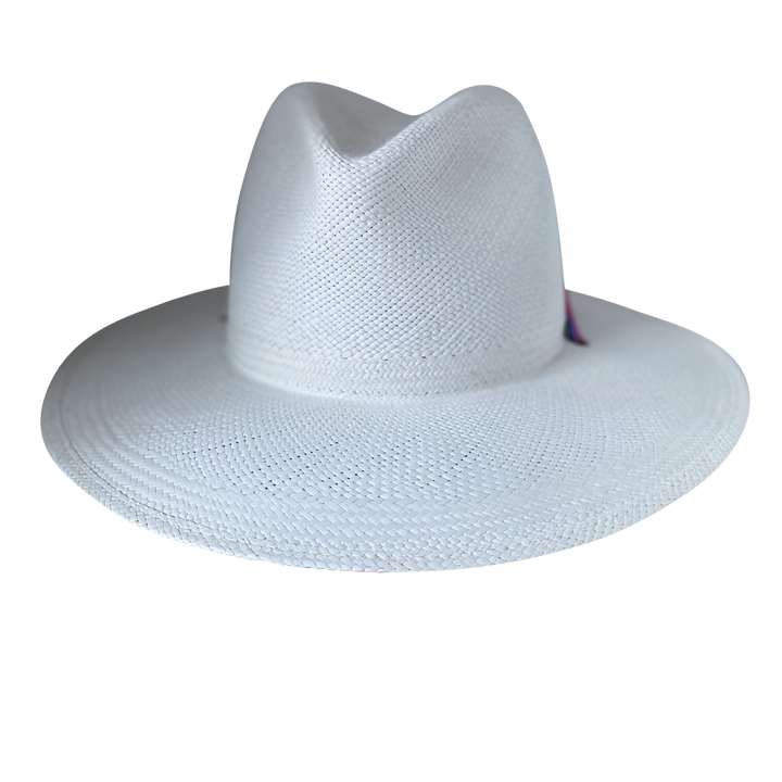 Khia Tullae The Maya white toquilla straw wide-brim hat with magenta, blue and green silk ribbon half band, front product cutout