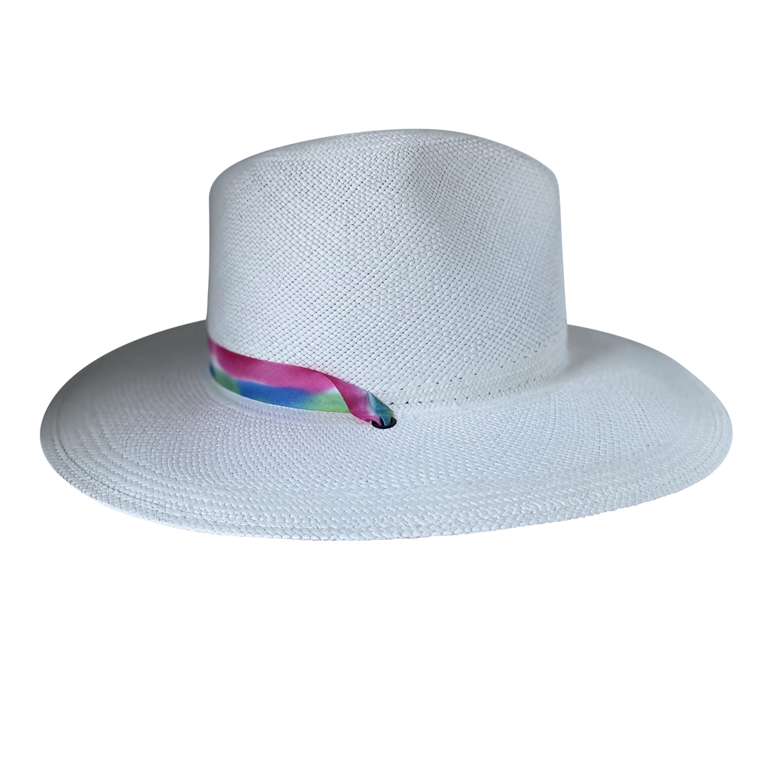 Khia Tullae The Maya white toquilla straw wide-brim hat with magenta, blue and green silk ribbon half band, left-side product cutout