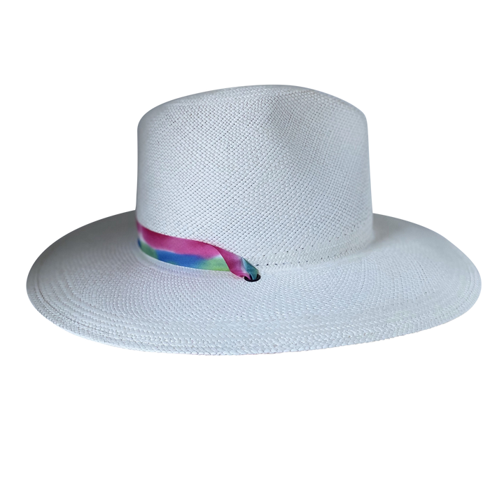 Khia Tullae The Maya white toquilla straw wide-brim hat with magenta, blue and green silk ribbon half band, left-side product cutout