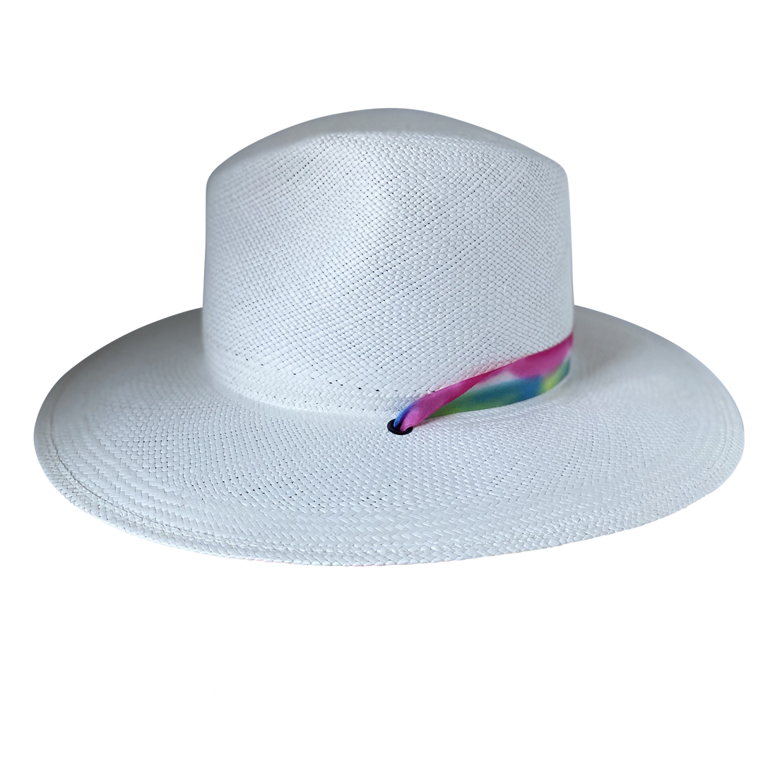 Khia Tullae The Maya white toquilla straw wide-brim hat with magenta, blue and green silk ribbon half band, right-side product cutout