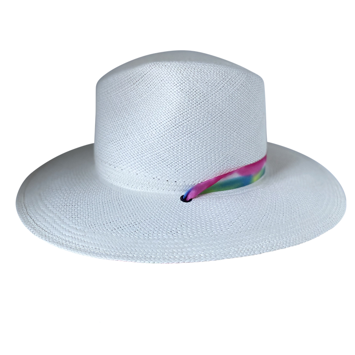 Khia Tullae The Maya white toquilla straw wide-brim hat with magenta, blue and green silk ribbon half band, right-side product cutout