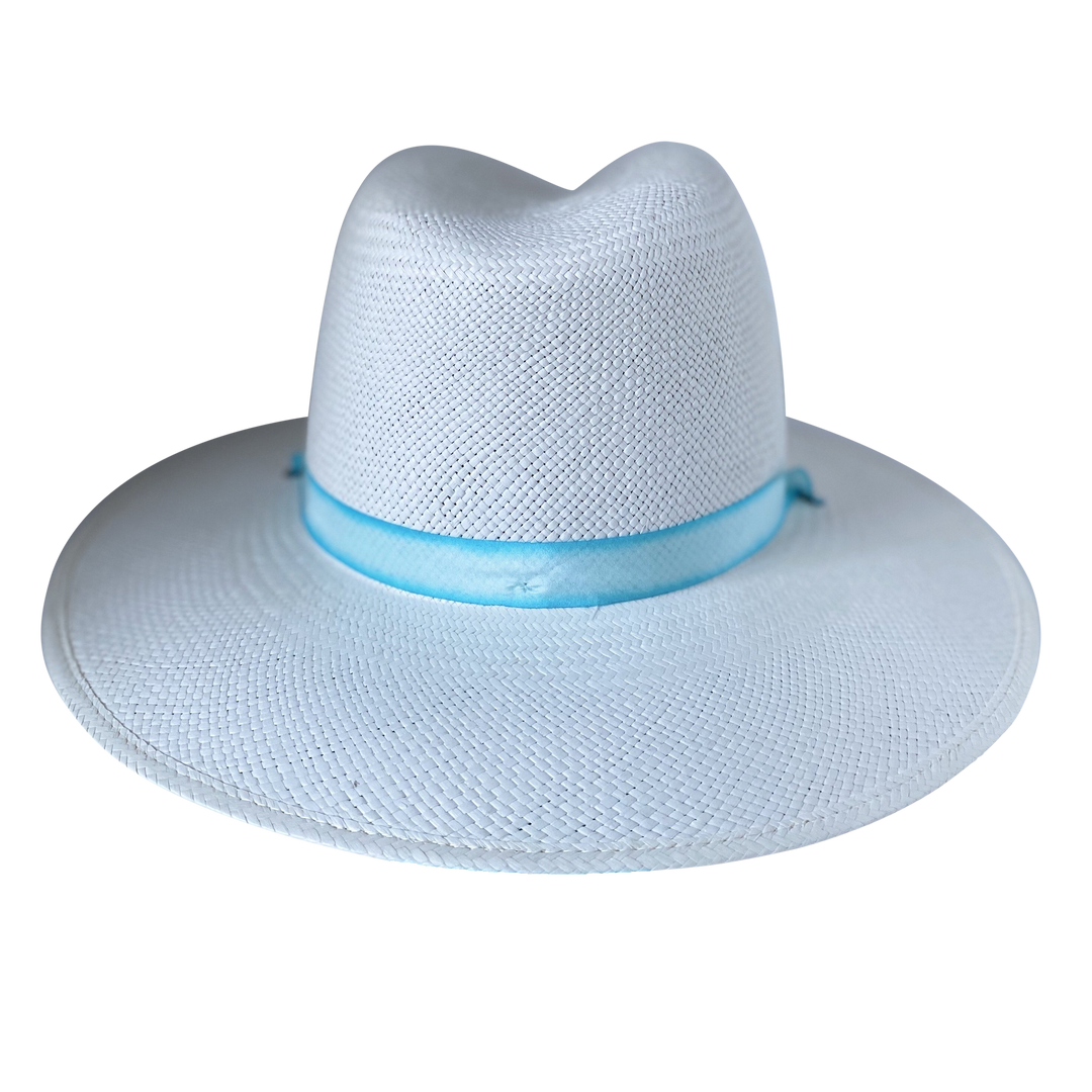 Khia Tullae The Montana white toquilla straw wide-brim hat with a pastel blue tie-dye silk ribbon half band, back product cutout
