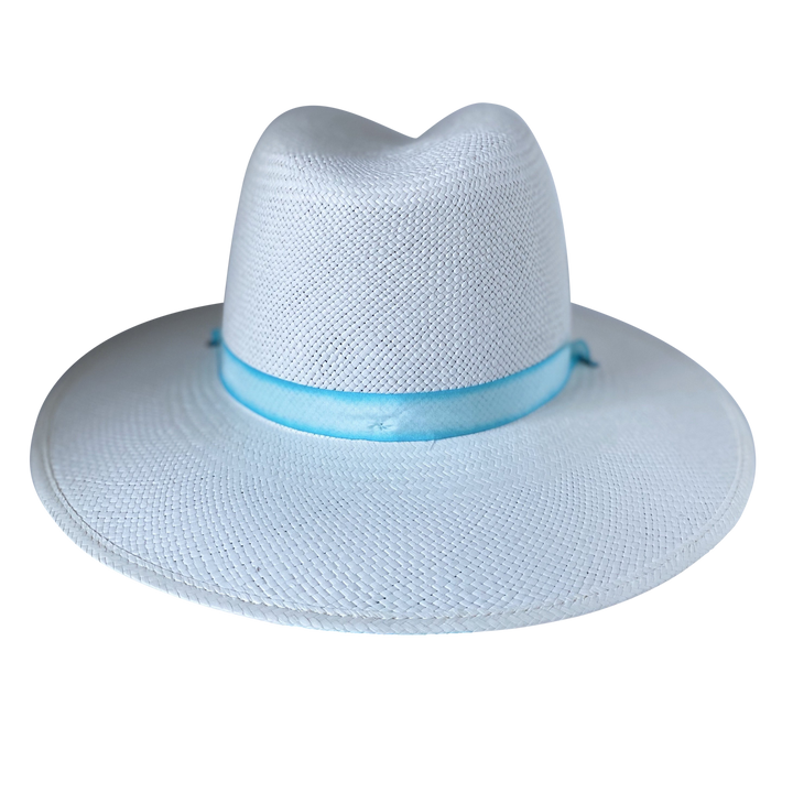 Khia Tullae The Montana white toquilla straw wide-brim hat with a pastel blue tie-dye silk ribbon half band, back product cutout