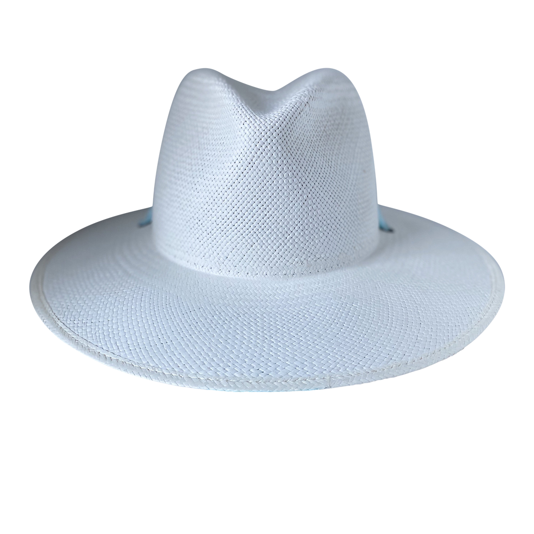 Khia Tullae The Montana white toquilla straw wide-brim hat with a pastel blue tie-dye silk ribbon half band, front product cutout