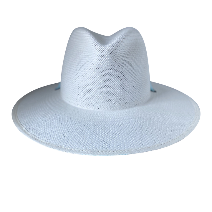 Khia Tullae The Montana white toquilla straw wide-brim hat with a pastel blue tie-dye silk ribbon half band, front product cutout