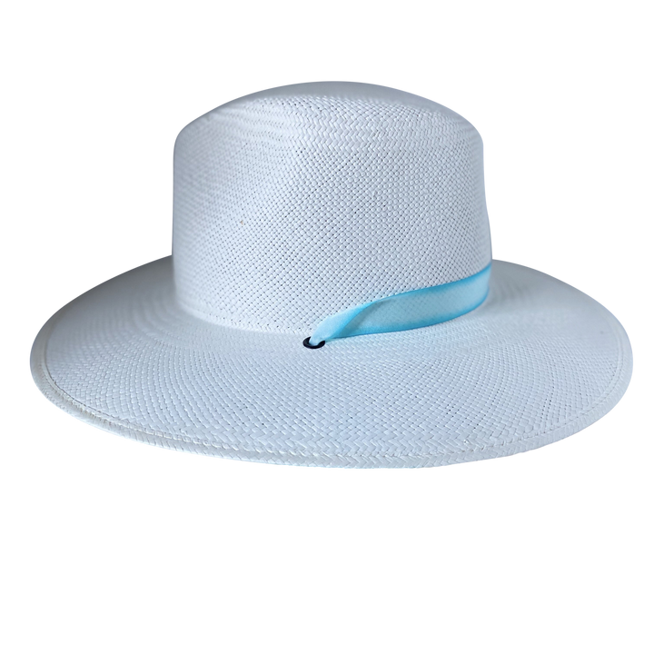 Khia Tullae The Montana white toquilla straw wide-brim hat with a pastel blue tie-dye silk ribbon half band, right-side product cutout