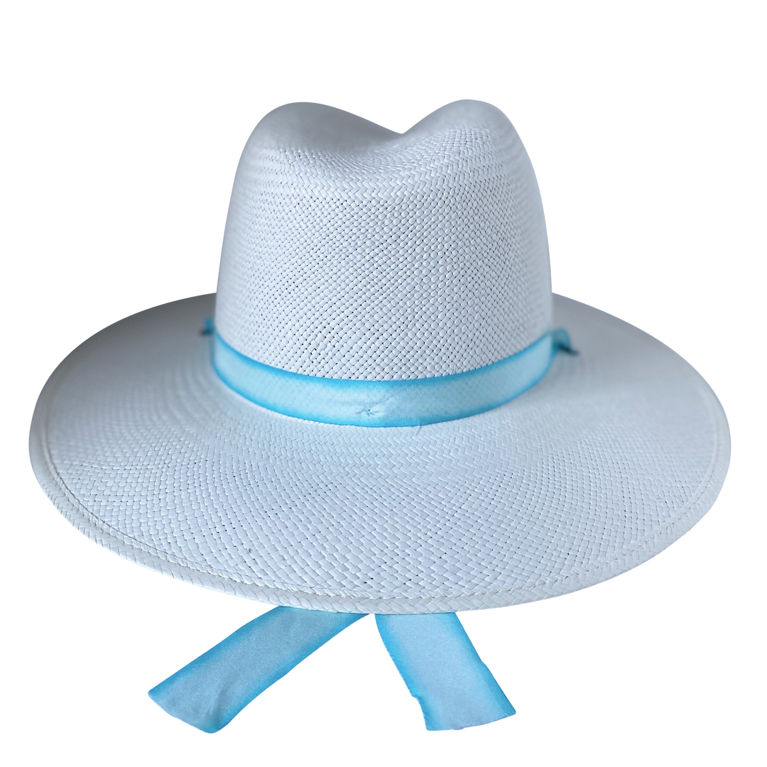 Khia Tullae The Montana white toquilla straw wide-brim hat with pastel blue and white silk drop-down ribbon, back product cutout