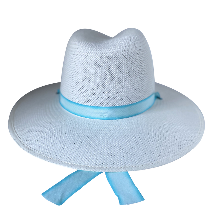 Khia Tullae The Montana white toquilla straw wide-brim hat with pastel blue and white silk drop-down ribbon, back product cutout