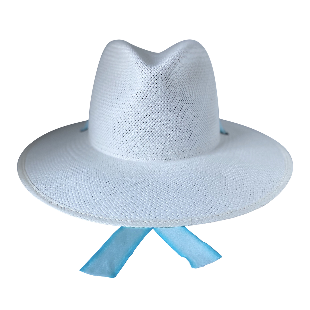 Khia Tullae The Montana white toquilla straw wide-brim hat with pastel blue and white silk drop-down ribbon, front product cutout