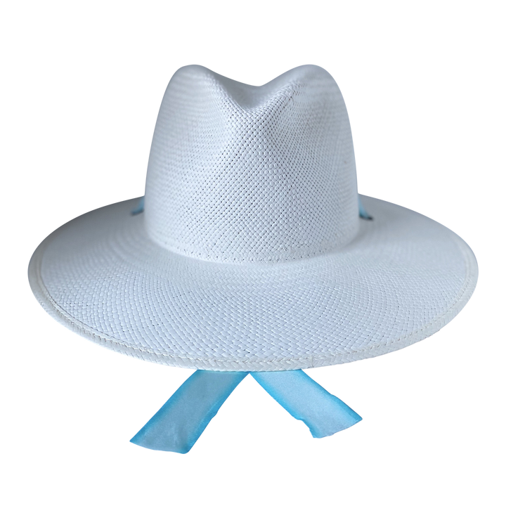 Khia Tullae The Montana white toquilla straw wide-brim hat with pastel blue and white silk drop-down ribbon, front product cutout