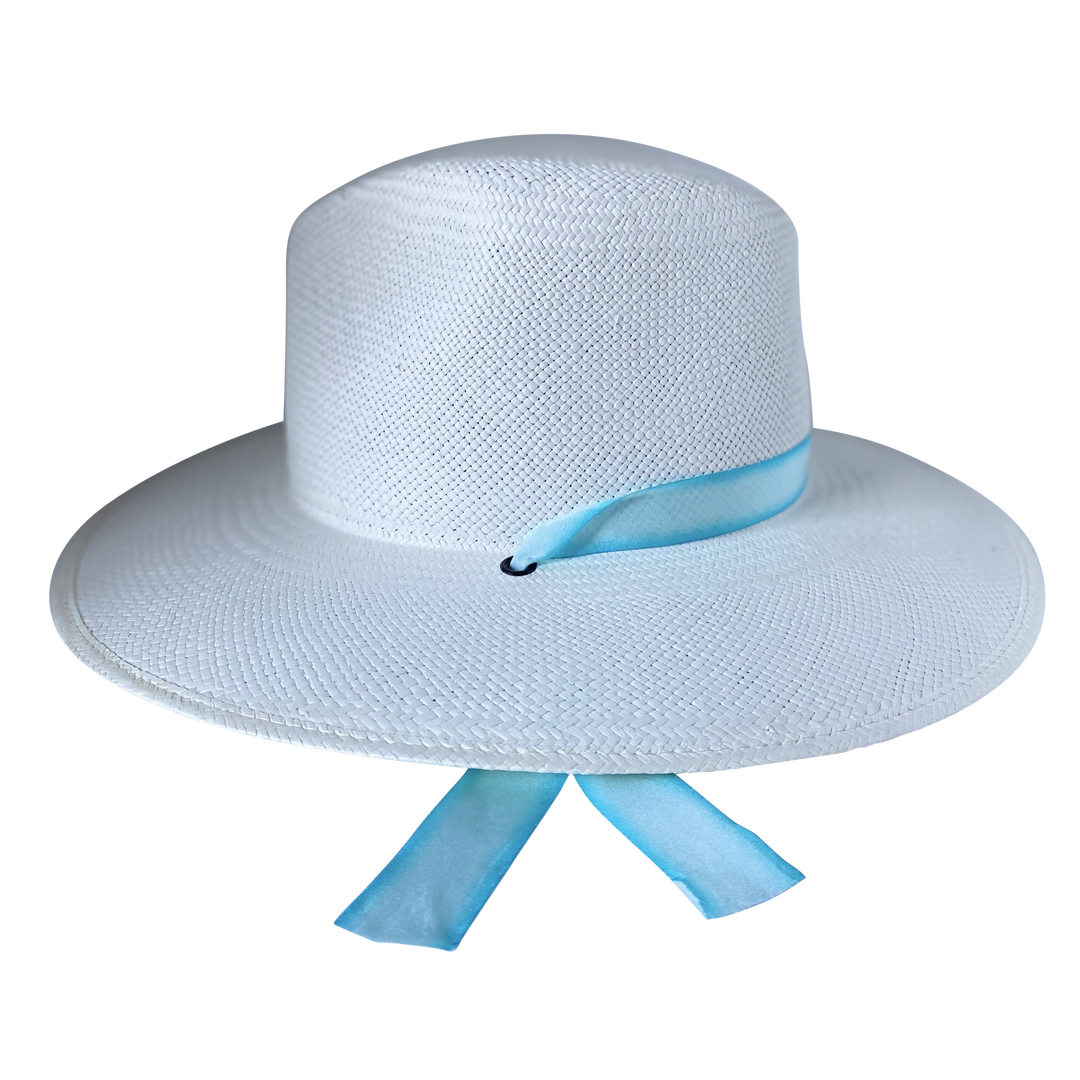 Khia Tullae The Montana white toquilla straw wide-brim hat with pastel blue and white silk drop-down ribbon, right-side product cutout