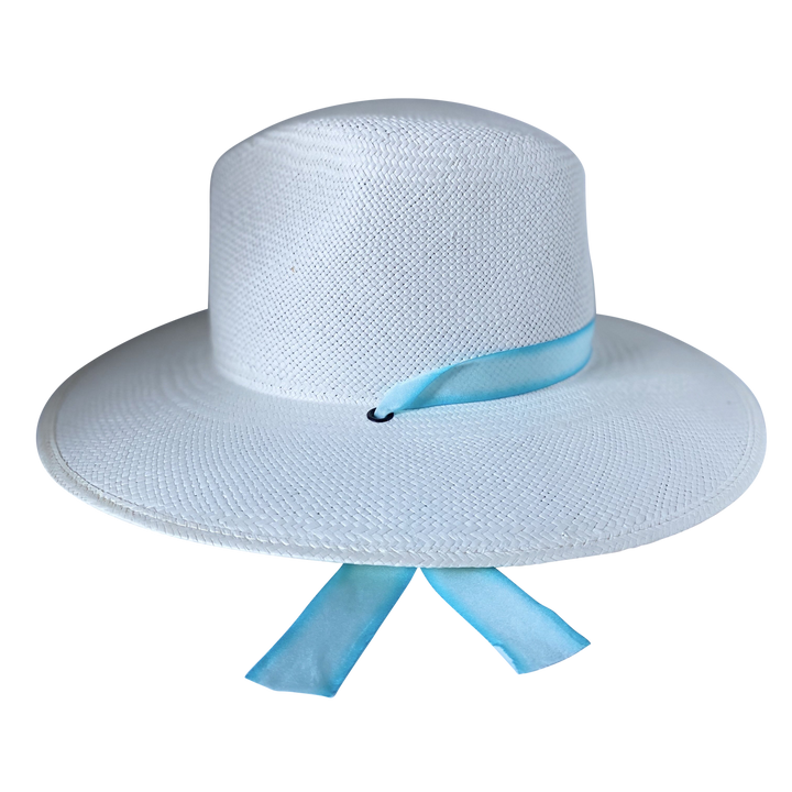 Khia Tullae The Montana white toquilla straw wide-brim hat with pastel blue and white silk drop-down ribbon, right-side product cutout