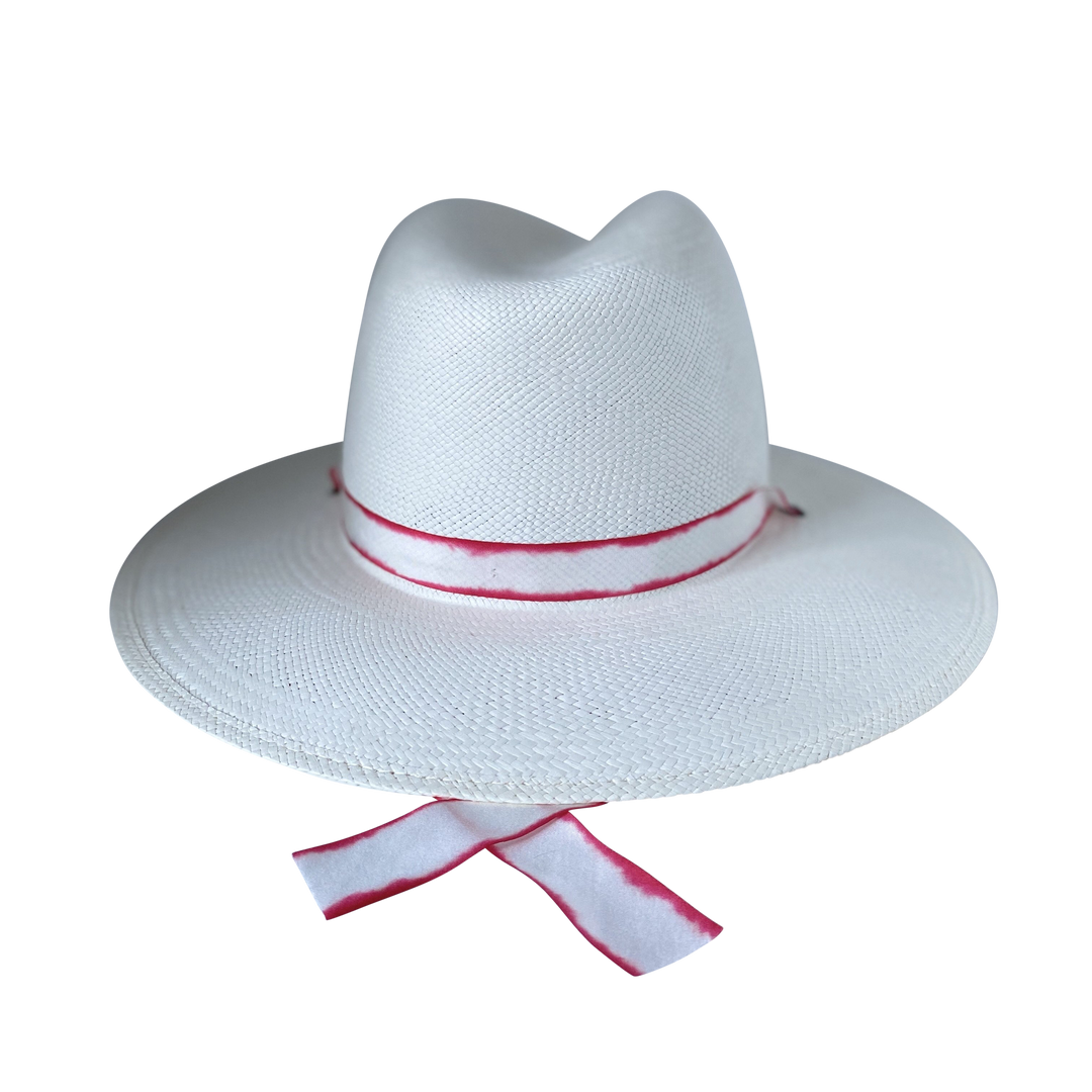 Khia Tullae The Morgan white toquilla straw wide-brim hat with red-white silk drop-down ribbon, back product cutout